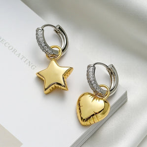 Simple Star Heart Enamel 18K Gold Earrings