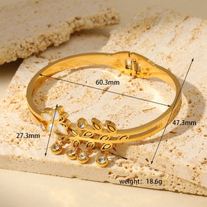 Retro Modern Leaf Butterfly Gold Zircon Bangle.